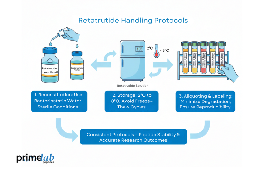 Scientific diagram showing Retatrutide handling, storage, and labeling protocols for research stability.
