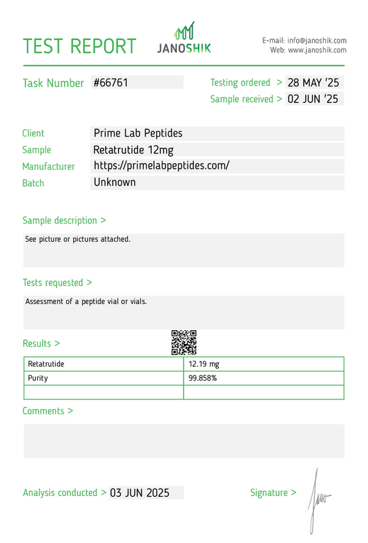 Test report for Prime Lab Peptides Retatrutide 12mg with Janoshik branding.