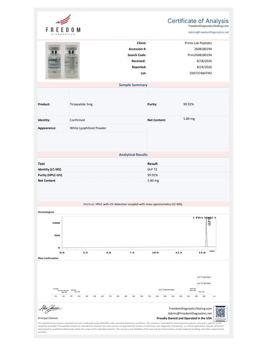 Certificate of Analysis — Tirzepatide 5mg — lot 036737484TIRZ — 99.92% purity — Freedom Diagnostics, 8/24/2026
