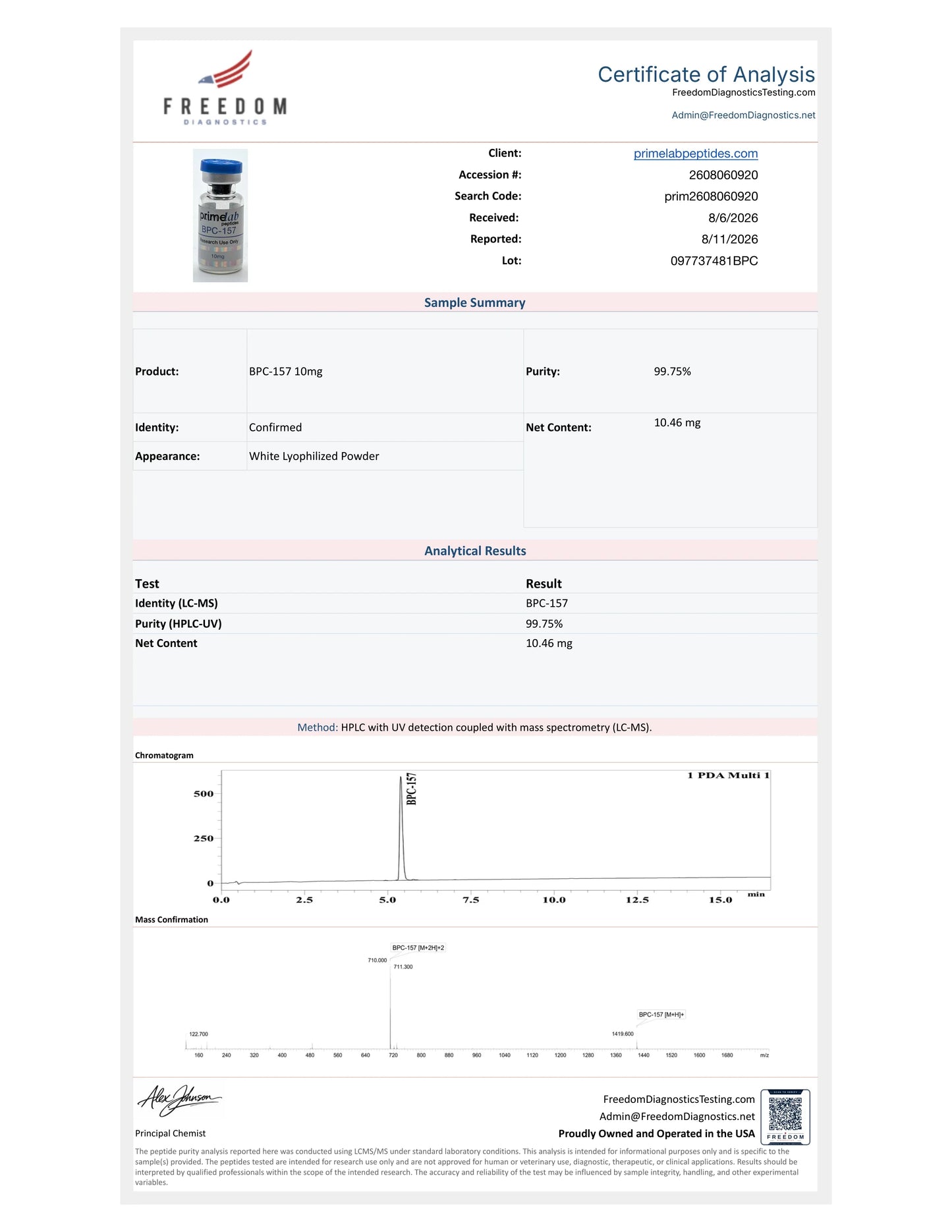 Certificate of Analysis — BPC-157 10mg, Freedom Diagnostics, lot 097737481BPC, 99.75% purity