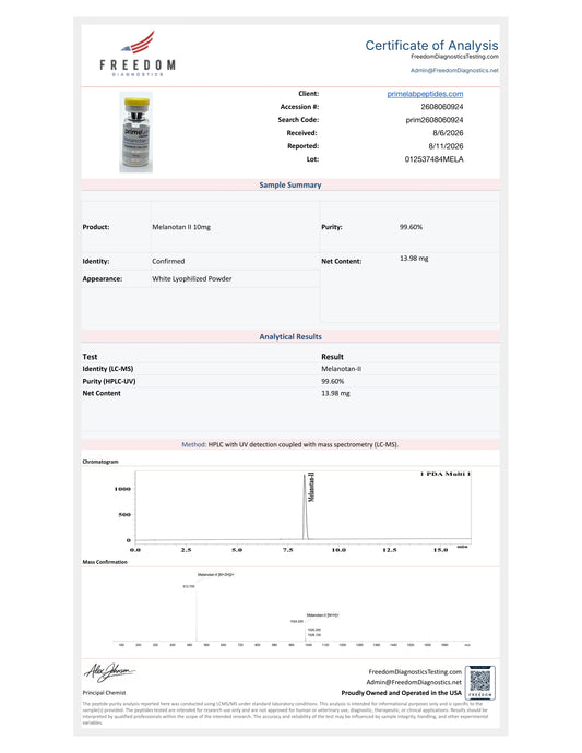 Certificate of Analysis — Melanotan II 10mg, Freedom Diagnostics, lot 012537484MELA, 99.60% purity