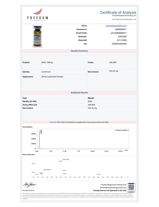 Certificate of Analysis — NAD+ 500mg, Freedom Diagnostics, lot 049395484NAD, 100.00% purity