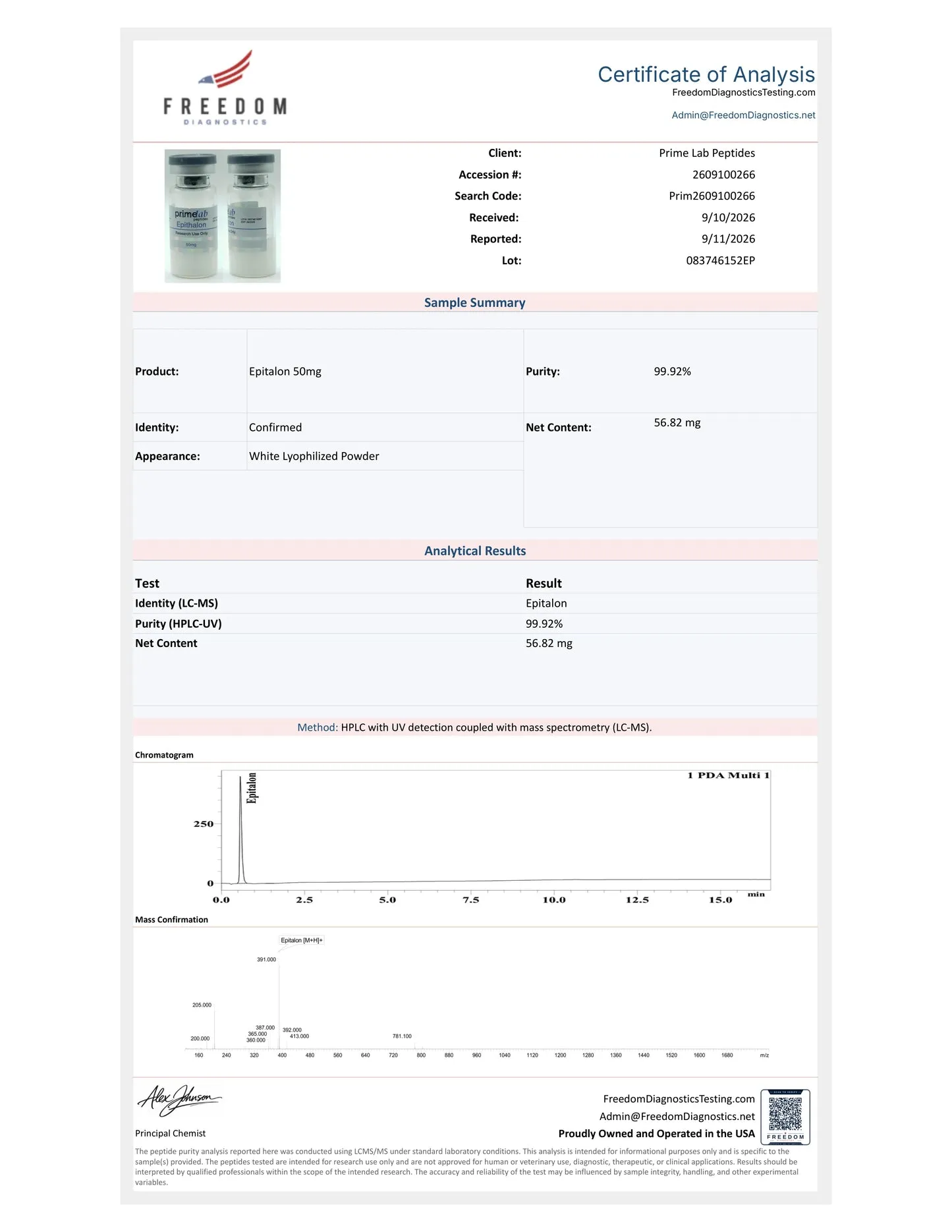 Certificate of Analysis - Epitalon 50mg - lot 083746152EP - 99.92% purity - Freedom Diagnostics