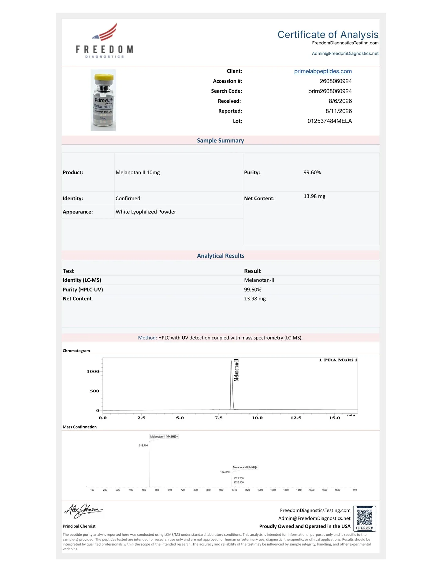 Certificate of Analysis — Melanotan II 10mg, Freedom Diagnostics, lot 012537484MELA, 99.60% purity