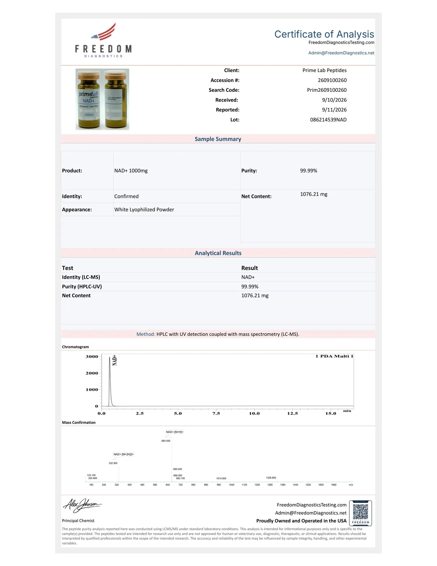 Certificate of Analysis - NAD+ 1000mg - lot 086214539NAD - 99.99% purity - Freedom Diagnostics