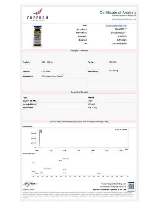 Certificate of Analysis — NAD+ 500mg, Freedom Diagnostics, lot 049395484NAD, 100.00% purity