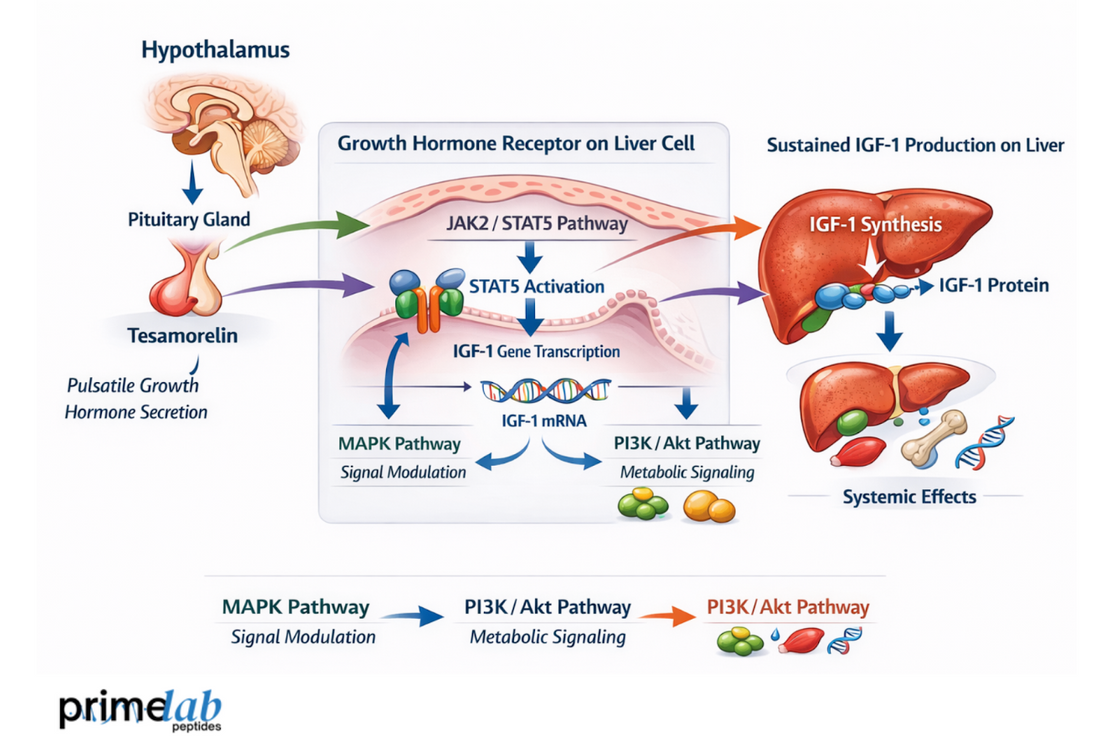 Diagram showing how tesamorelin stimulates pulsatile growth hormone release to activate hepatic JAK2/STAT5 signaling and drive sustained IGF-1 production with systemic effects.