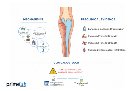 Scientific diagram showing BPC 157 mechanisms, preclinical evidence, and clinical outlook in tendon research.