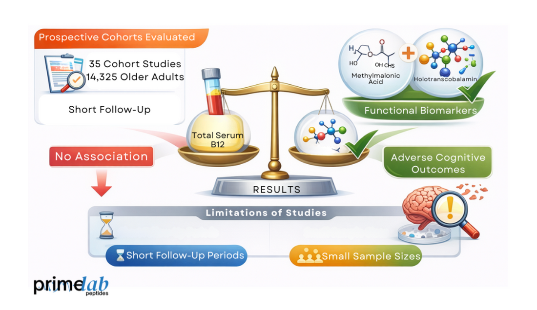 Diagram image shows functional vitamin B12 biomarkers associated with cognitive decline in cohort studies.&nbsp;