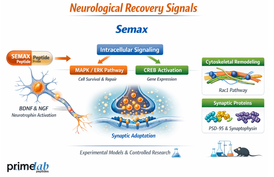 Semax neurological recovery signaling showing MAPK/ERK, CREB activation, BDNF pathways, and synaptic adaptation in experimental models.