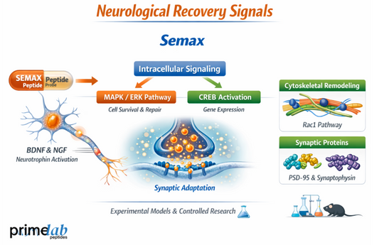 Semax neurological recovery signaling showing MAPK/ERK, CREB activation, BDNF pathways, and synaptic adaptation in experimental models.