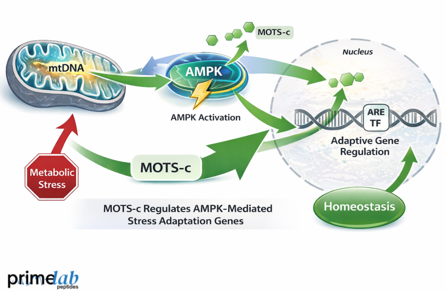 MOTS-c signaling diagram showing mitochondrial activation of AMPK, adaptive gene regulation, and metabolic stress response leading to cellular homeostasis.