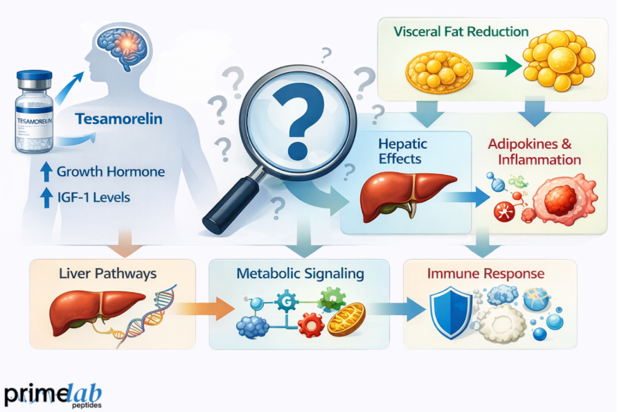 Tesamorelin pathway diagram showing IGF-1 signaling, visceral fat reduction, and metabolic effects.