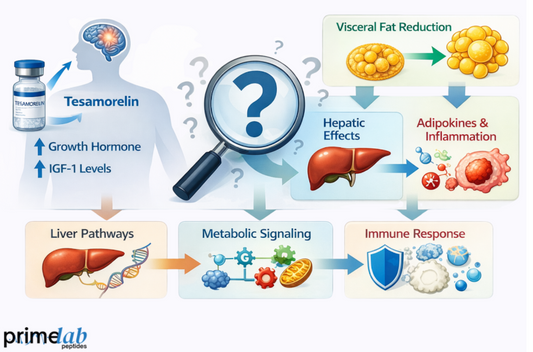 Tesamorelin pathway diagram showing IGF-1 signaling, visceral fat reduction, and metabolic effects.