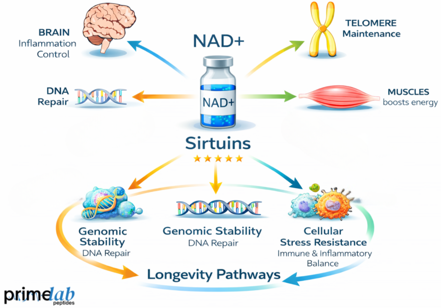 NAD+ sirtuin pathways supporting DNA repair, genomic stability, cellular stress resistance, and longevity signaling.