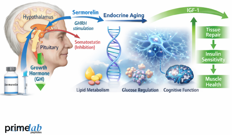 Sermorelin mechanism showing GHRH stimulation, growth hormone release, IGF-1 signaling, and metabolic effects.