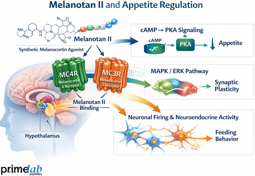 Melanotan II appetite regulation diagram showing MC4R and MC3R receptor signaling, hypothalamus pathways, cAMP-PKA activation, and neuroendocrine feeding behavior.
