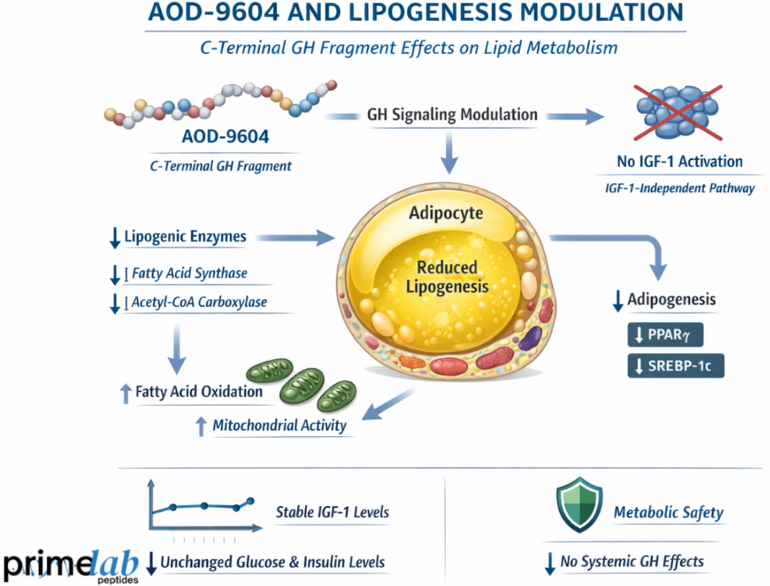 Research diagram illustrating AOD-9604 effects on lipogenesis, C-terminal GH signaling, adipocyte enzyme modulation, and IGF-1–independent metabolic outcomes.