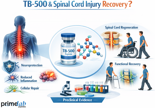 TB-500 peptide infographic showing spinal cord injury recovery, neuroprotection, and cellular repair.