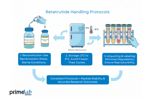 Scientific diagram showing Retatrutide handling, storage, and labeling protocols for research stability.