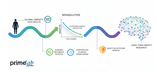 Image showing semaglutide research pathway, long-term weight outcomes, safety data, and obesity trends.
