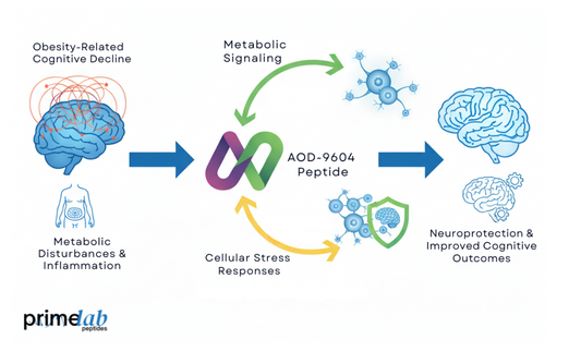 Diagram showing AOD-9604 effects on metabolic signaling and neuroprotection in obesity-related cognition.