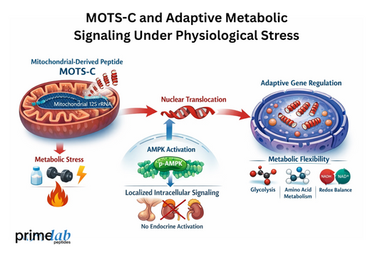Illustration showing MOTS-C signaling from mitochondria to the nucleus, activating AMPK and adaptive gene regulation during metabolic stress.