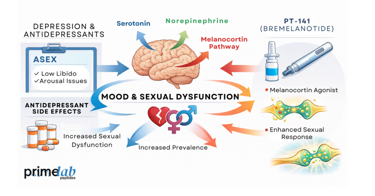 How does PT-141 address sexual dysfunction linked to depressive disorders?