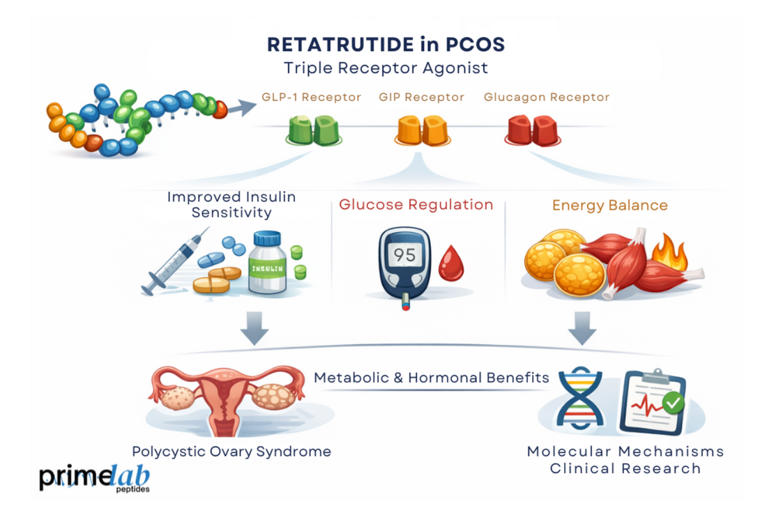 Retatrutide diagram image showing triple receptor agonism improving insulin resistance and metabolic balance in PCOS.