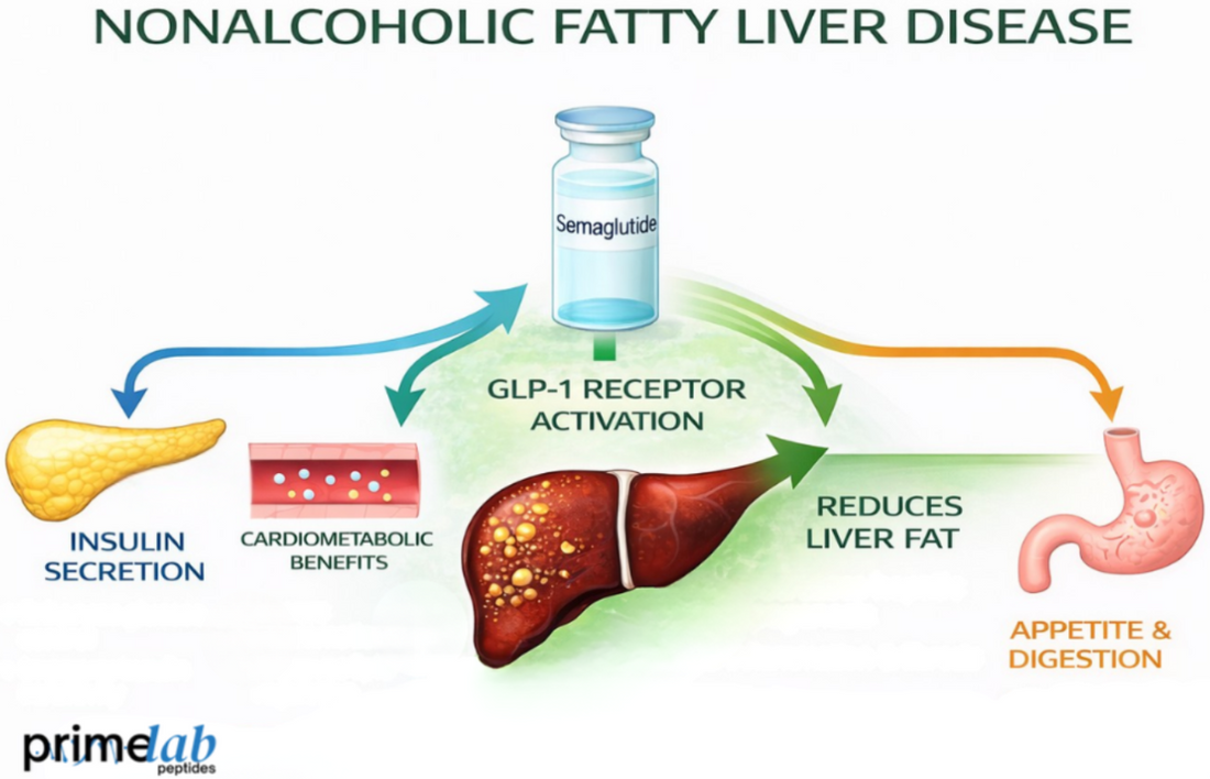 Semaglutide GLP-1 receptor activation infographic showing reduced liver fat, insulin secretion, and appetite regulation in NAFLD research.
