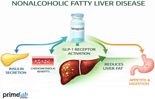 Semaglutide GLP-1 receptor activation infographic showing reduced liver fat, insulin secretion, and appetite regulation in NAFLD research.