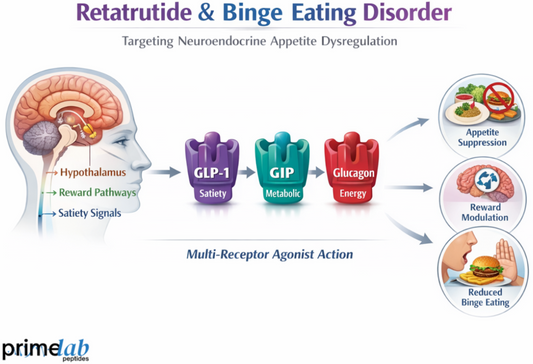 Retatrutide infographic showing GLP-1, GIP, and glucagon receptor action targeting neuroendocrine appetite dysregulation and reduced binge eating.