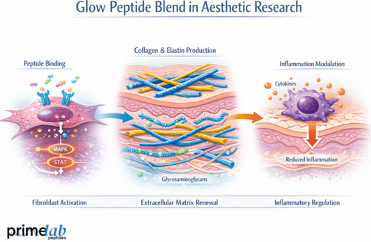Glow peptide blend infographic showing collagen production, fibroblast activation, and skin renewal pathways.