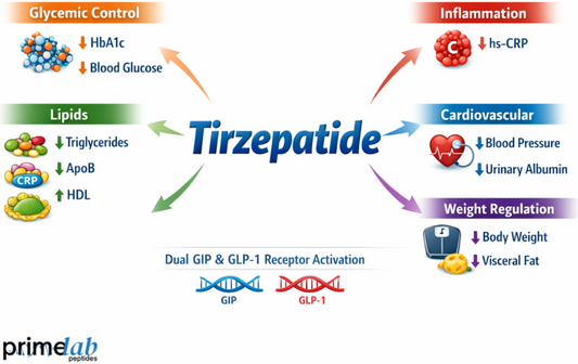 Tirzepatide dual GIP and GLP-1 activation infographic showing glycemic control, weight loss, lipid improvement, and cardiovascular benefits