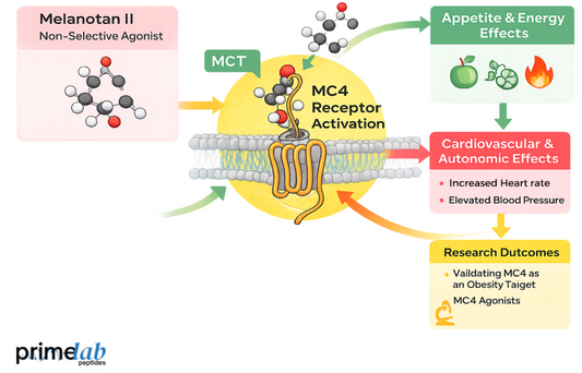 Melanotan II activating MC4 receptors, illustrating appetite and energy effects, cardiovascular and autonomic responses, and research outcomes validating MC4 as an obesity target.