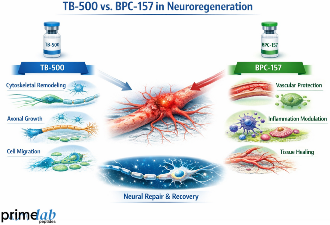 TB-500 vs BPC-157 neuroregeneration comparison showing neural repair, axonal growth, inflammation modulation, and tissue healing pathways.