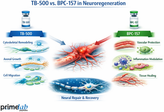 TB-500 vs BPC-157 neuroregeneration comparison showing neural repair, axonal growth, inflammation modulation, and tissue healing pathways.