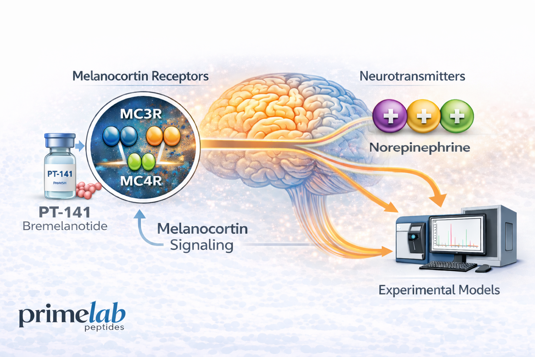 Alt text : Infographic illustrating PT-141 interaction with central melanocortin receptors MC3R and MC4R in the brain, compared to peripheral sexual function pathways