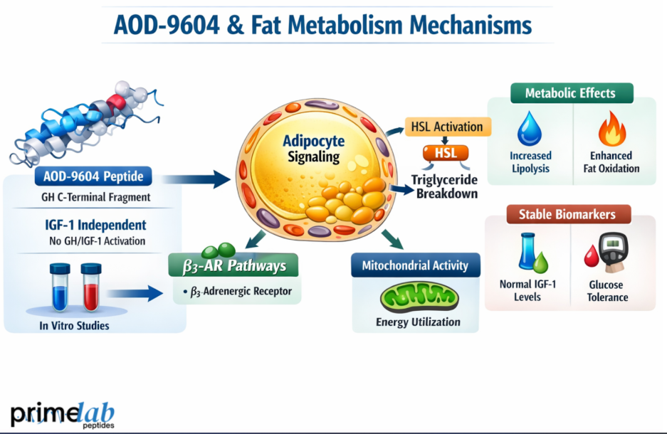 AOD-9604 fat metabolism diagram showing IGF-1–independent adipocyte signaling, HSL activation, increased lipolysis, and enhanced fat oxidation.