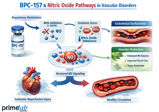 BPC-157 nitric oxide pathways diagram showing restored NO signaling, reduced oxidative stress, and vascular protection in endothelial dysfunction.