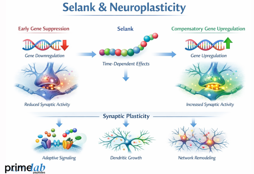 Selank neuroplasticity diagram showing time-dependent gene regulation, synaptic activity changes, dendritic growth, and neural network remodeling.