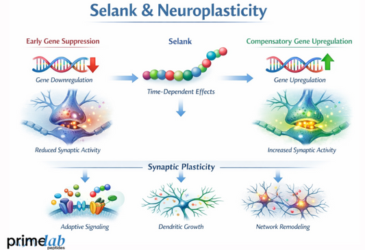 Selank neuroplasticity diagram showing time-dependent gene regulation, synaptic activity changes, dendritic growth, and neural network remodeling.