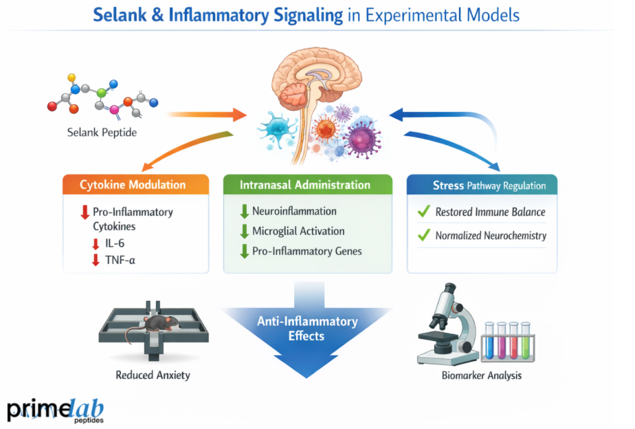 Selank inflammatory signaling diagram showing cytokine modulation, reduced IL-6 and TNF-α, neuroinflammation control, stress-immune pathway regulation, and anti-inflammatory effects in experimental models.