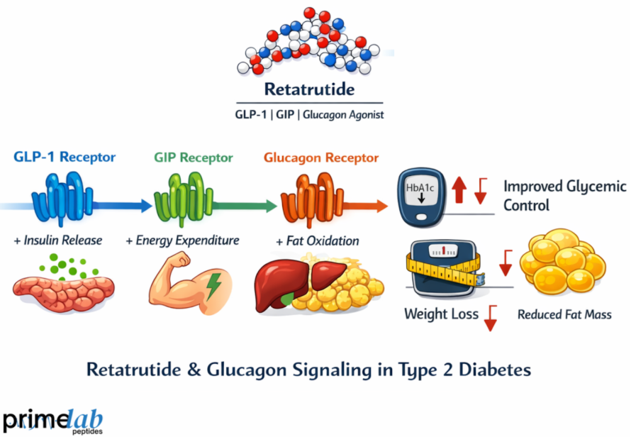Retatrutide diagram showing GLP-1, GIP, and glucagon receptor activation leading to improved glycemic control, increased energy expenditure, fat oxidation, weight loss, and reduced fat mass in type 2 diabetes models.