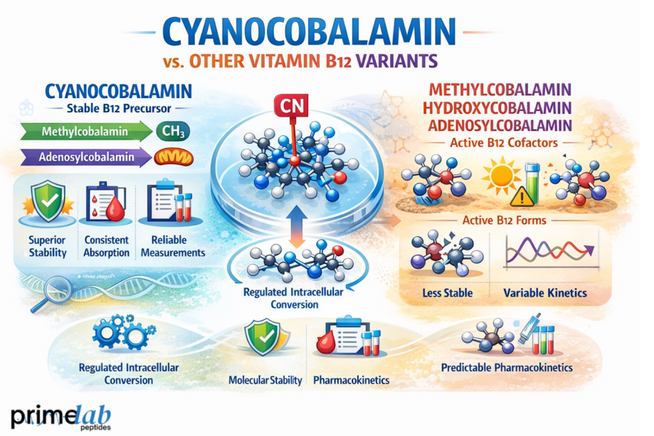 Infographic comparing cyanocobalamin with other vitamin B12 forms, highlighting stability, regulated intracellular conversion, and predictable pharmacokinetics versus active B12 variants with variable kinetics and lower stability.