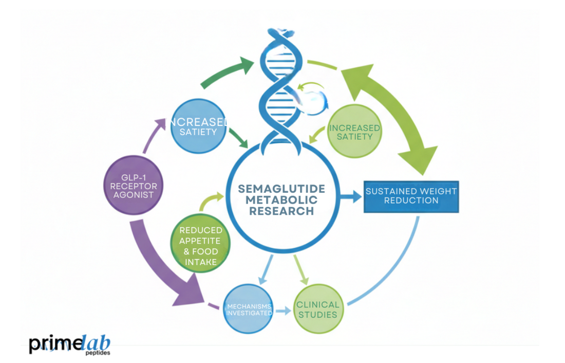 Diagram illustrating semaglutide’s mechanisms and metabolic pathways for sustainable weight management research.