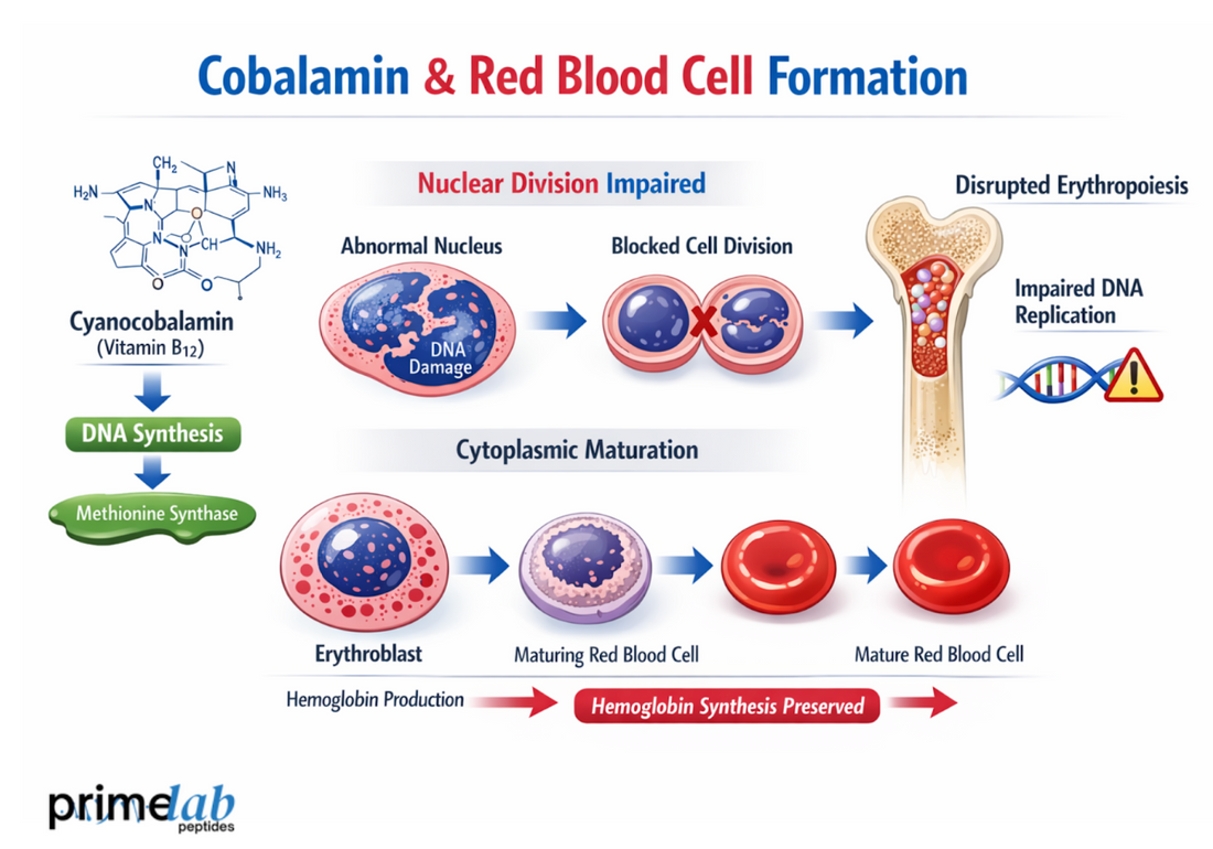 Diagram showing cyanocobalamin (vitamin B12) role in DNA synthesis, impaired nuclear division, and disrupted erythropoiesis during red blood cell formation.