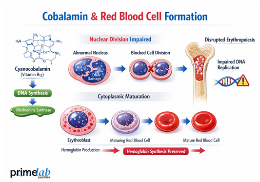 Diagram showing cyanocobalamin (vitamin B12) role in DNA synthesis, impaired nuclear division, and disrupted erythropoiesis during red blood cell formation.