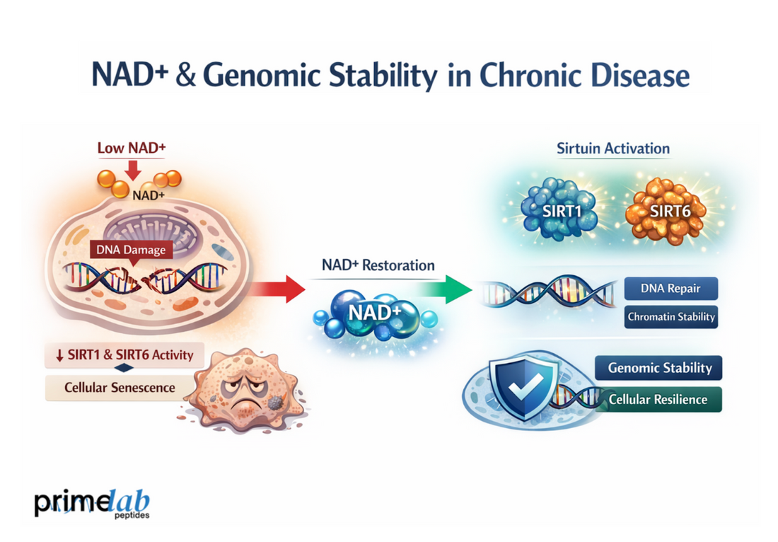 NAD+ restoration activating SIRT1 and SIRT6 to support DNA repair and genomic stability in chronic disease models.