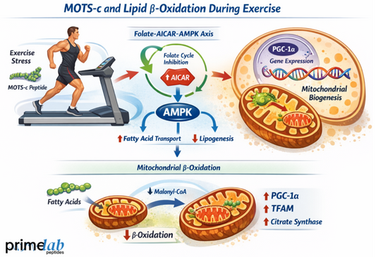 Diagram showing MOTS-c activating the folate-AICAR-AMPK pathway to increase mitochondrial β-oxidation and lipid metabolism during exercise.